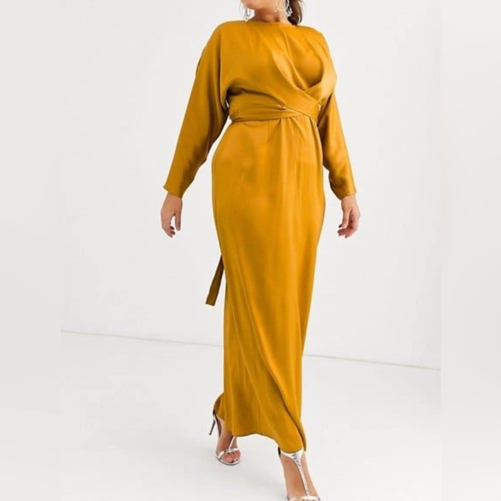 ASOS DESIGN Curve satin maxi dress with batwing sleeve and wrap waist in mustard